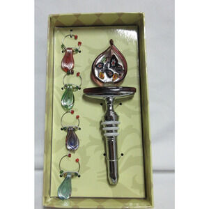 Gift Set: Glass Art Wine Stopper Corkscrew Topper w/ 4 Wine Glass Charms Cypress
